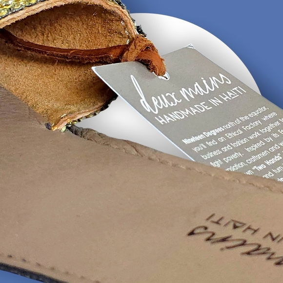 🆕 Boho Luxe Crystal Slides Deux Mains Handmade Haiti 100% Leather Eco Sandals - Picture 9 of 14